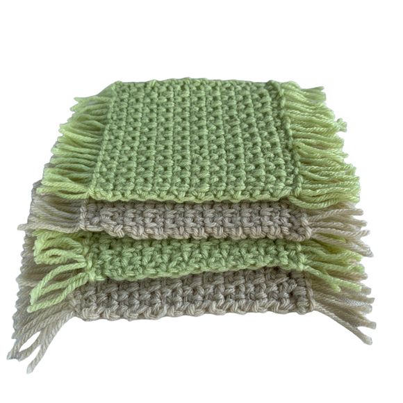 Mug Rugs Coasters Handmade Crochet Green Beige Fringe Vinyl Back Set of 4 - Picture 5 of 10